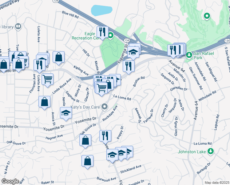 map of restaurants, bars, coffee shops, grocery stores, and more near 7330 North Figueroa Street in Los Angeles