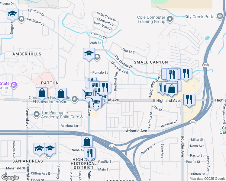 map of restaurants, bars, coffee shops, grocery stores, and more near 2266 Bradford Avenue in Highland