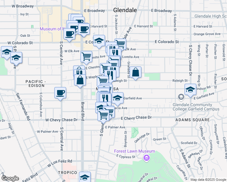 map of restaurants, bars, coffee shops, grocery stores, and more near 803 South Glendale Avenue in Glendale