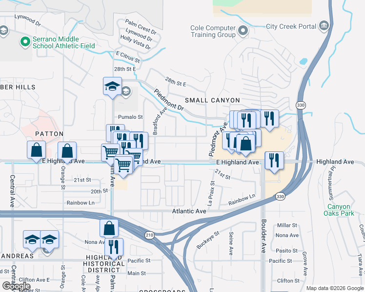 map of restaurants, bars, coffee shops, grocery stores, and more near 2266 Denair Avenue in Highland
