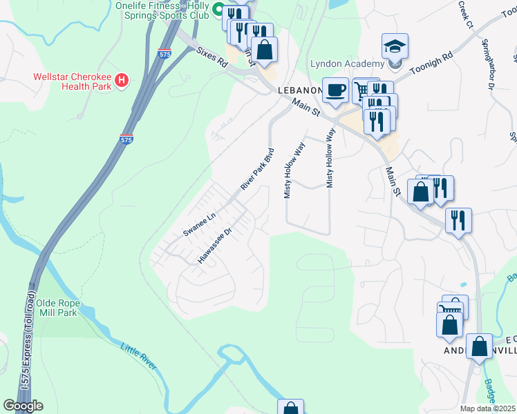 map of restaurants, bars, coffee shops, grocery stores, and more near 540 Ridge View Crossing in Woodstock
