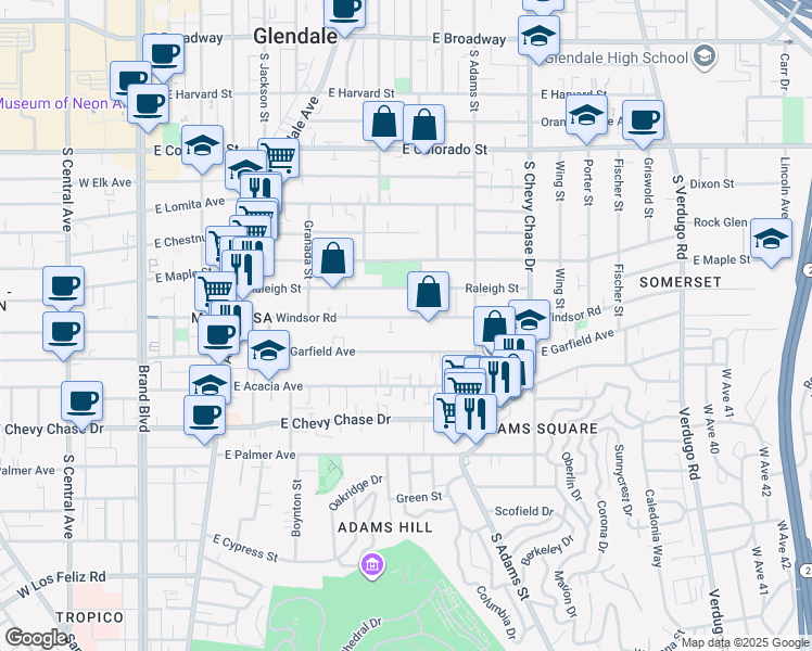 map of restaurants, bars, coffee shops, grocery stores, and more near 818 East Windsor Road in Glendale