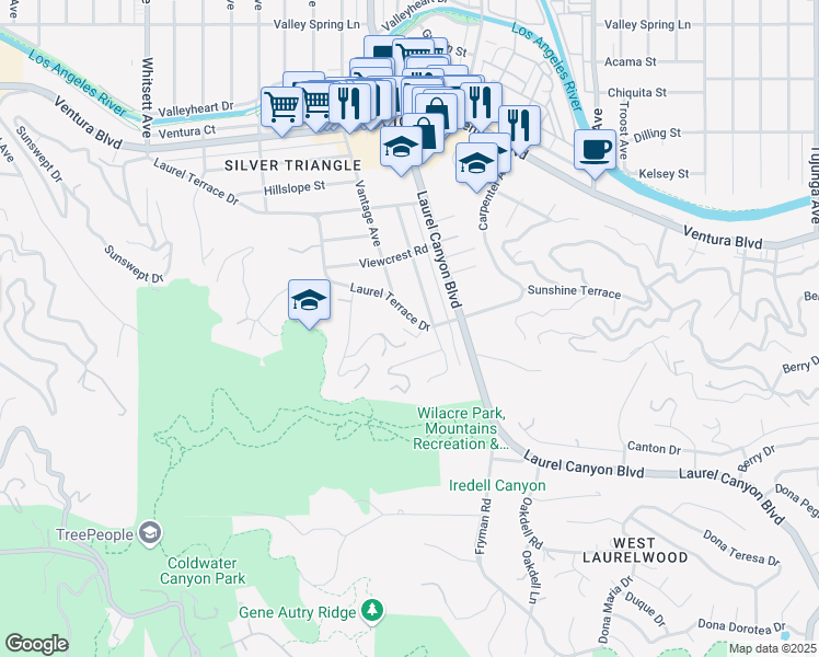 map of restaurants, bars, coffee shops, grocery stores, and more near 12052 Laurel Terrace Drive in Los Angeles