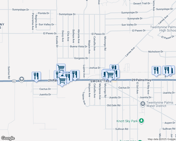 map of restaurants, bars, coffee shops, grocery stores, and more near 6414 Mojave Avenue in Twentynine Palms
