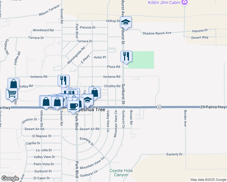 map of restaurants, bars, coffee shops, grocery stores, and more near 6394 Mountain View Street in Joshua Tree