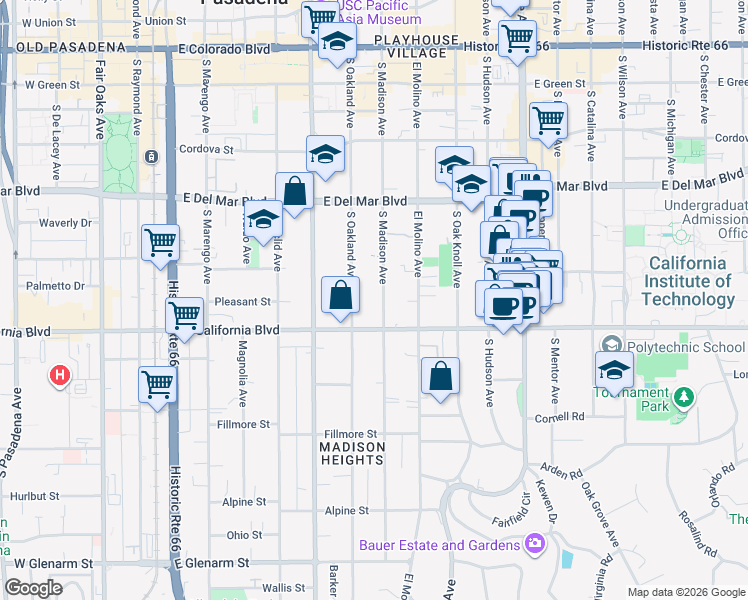 map of restaurants, bars, coffee shops, grocery stores, and more near 515 South Madison Avenue in Pasadena