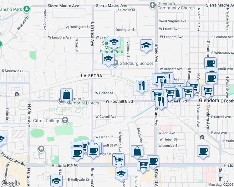 map of restaurants, bars, coffee shops, grocery stores, and more near 128 North Wildwood Avenue in Glendora