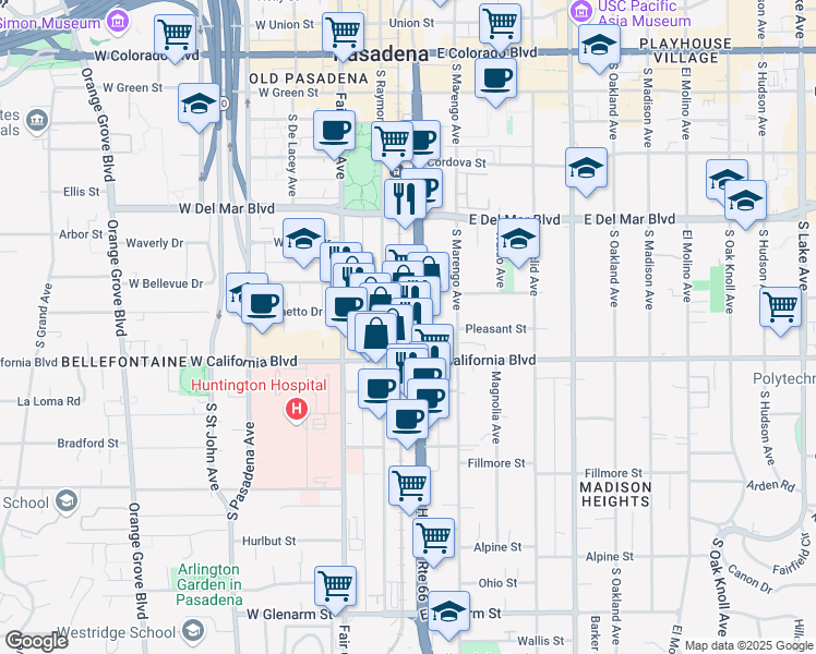 map of restaurants, bars, coffee shops, grocery stores, and more near 503 South Arroyo Parkway in Pasadena