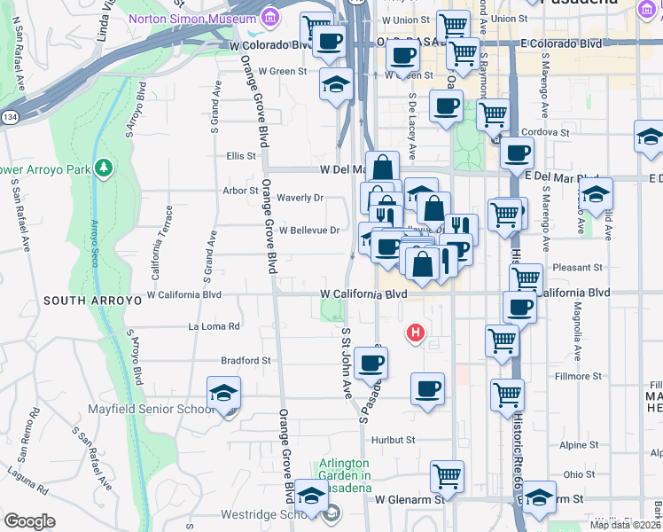 map of restaurants, bars, coffee shops, grocery stores, and more near 252 Palmetto Drive in Pasadena