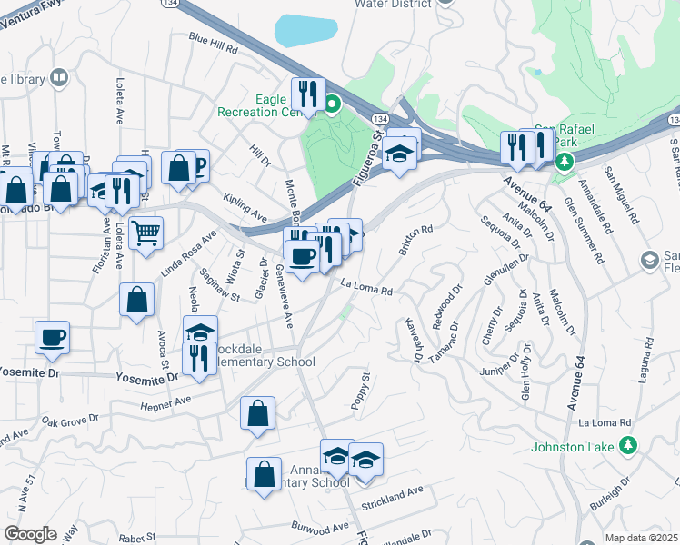 map of restaurants, bars, coffee shops, grocery stores, and more near 7330 North Figueroa Street in Los Angeles
