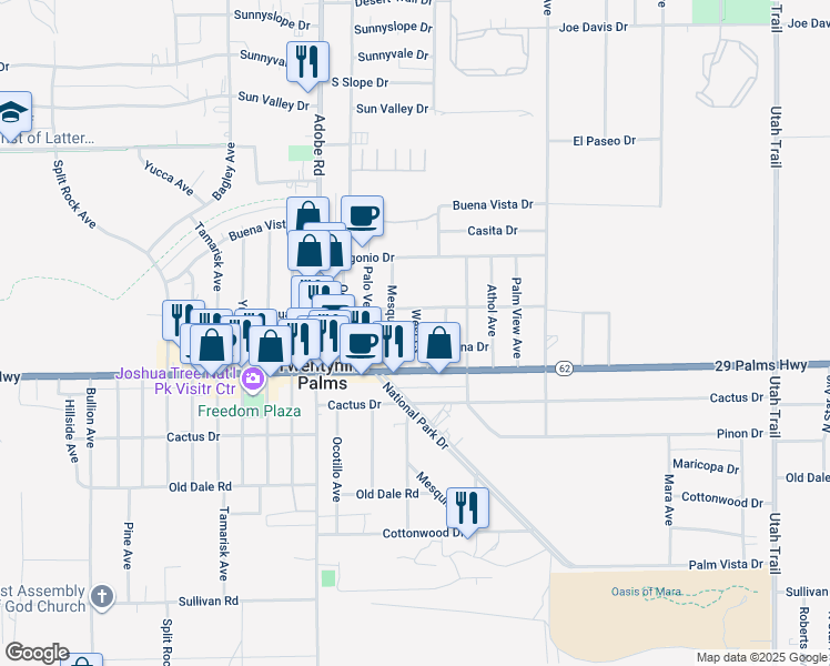 map of restaurants, bars, coffee shops, grocery stores, and more near 6439 West Court in Twentynine Palms