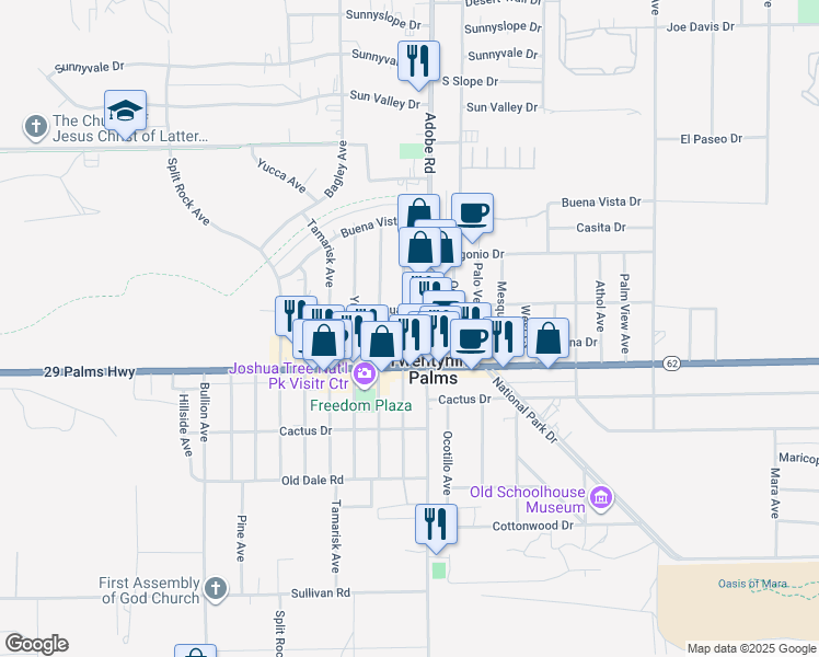 map of restaurants, bars, coffee shops, grocery stores, and more near 6433 Cholla Avenue in Twentynine Palms