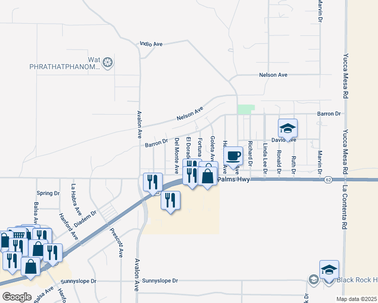 map of restaurants, bars, coffee shops, grocery stores, and more near 6388 El Dorado Avenue in Yucca Valley