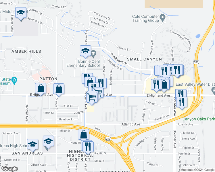 map of restaurants, bars, coffee shops, grocery stores, and more near 2264 Bradford Avenue in Highland