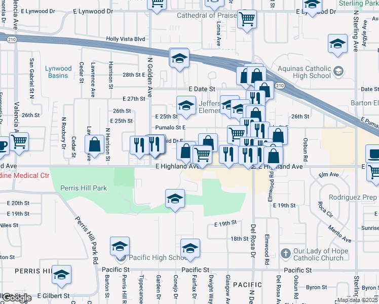 map of restaurants, bars, coffee shops, grocery stores, and more near 2222 Mountain Avenue North in San Bernardino