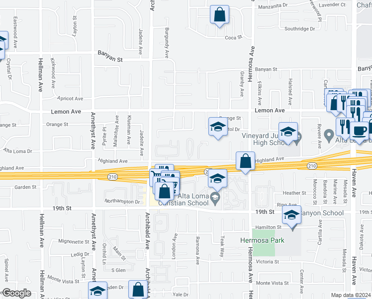 map of restaurants, bars, coffee shops, grocery stores, and more near 9805 Caldaro Street in Rancho Cucamonga