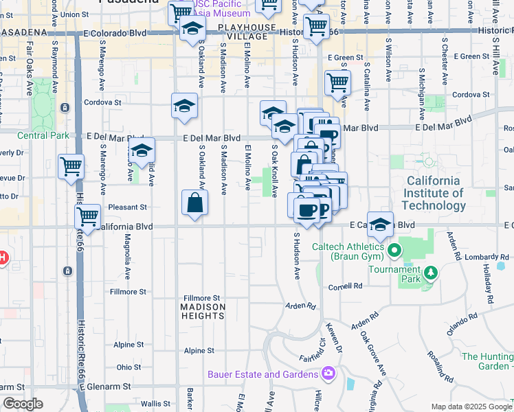 map of restaurants, bars, coffee shops, grocery stores, and more near 511 South El Molino Avenue in Pasadena