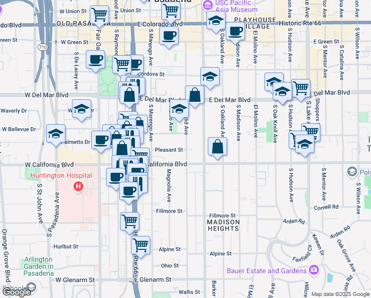 map of restaurants, bars, coffee shops, grocery stores, and more near 505 South Euclid Avenue in Pasadena