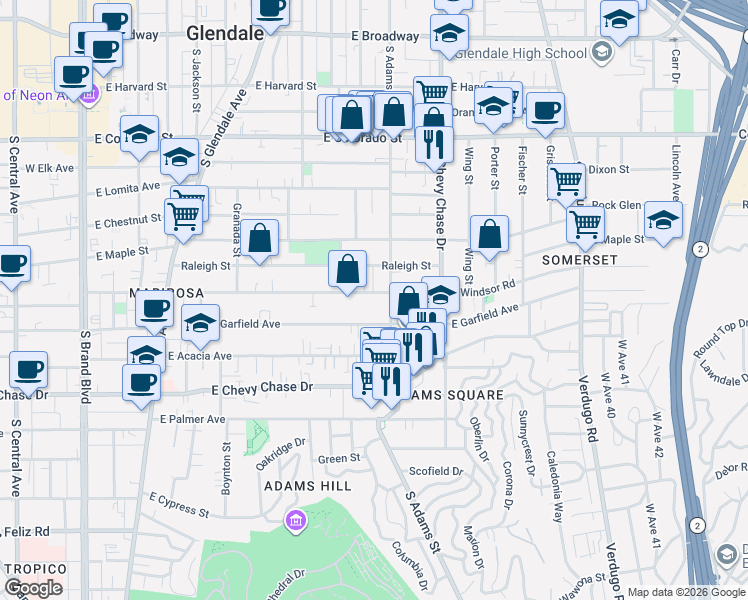 map of restaurants, bars, coffee shops, grocery stores, and more near 1022 East Windsor Road in Glendale