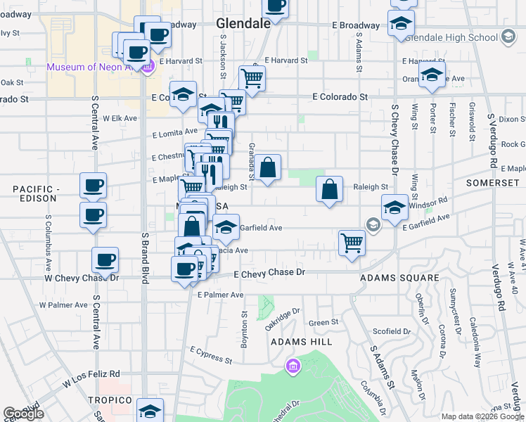 map of restaurants, bars, coffee shops, grocery stores, and more near 600 East Windsor Road in Glendale