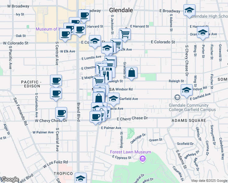 map of restaurants, bars, coffee shops, grocery stores, and more near 504 East Windsor Road in Glendale