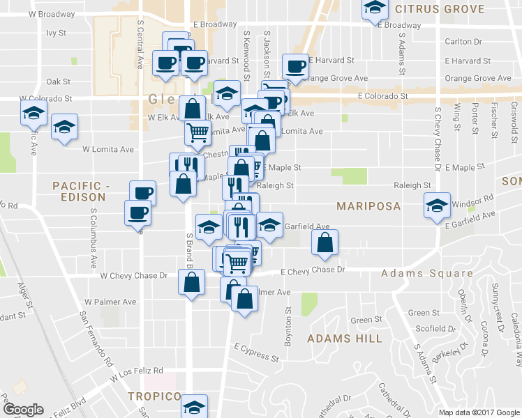 map of restaurants, bars, coffee shops, grocery stores, and more near 803 South Glendale Avenue in Glendale