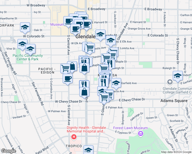 map of restaurants, bars, coffee shops, grocery stores, and more near 801 South Maryland Avenue in Glendale