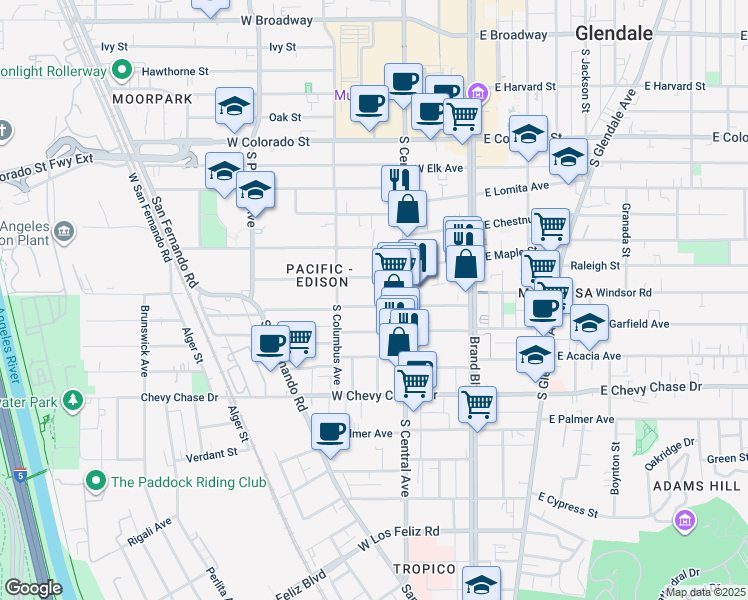 map of restaurants, bars, coffee shops, grocery stores, and more near 721 South Central Avenue in Glendale