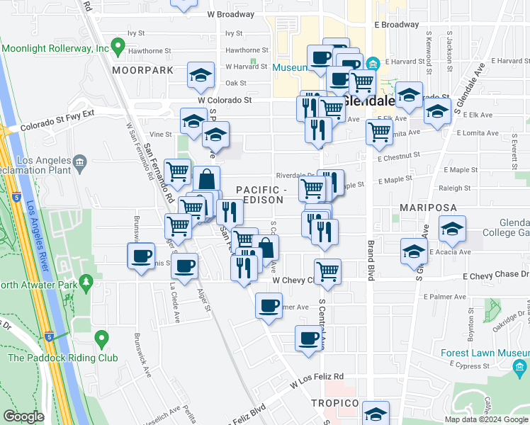 map of restaurants, bars, coffee shops, grocery stores, and more near 417 West Windsor Road in Glendale