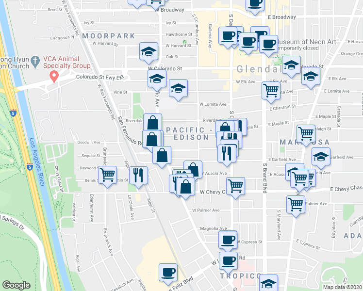 map of restaurants, bars, coffee shops, grocery stores, and more near 453 West Windsor Road in Glendale
