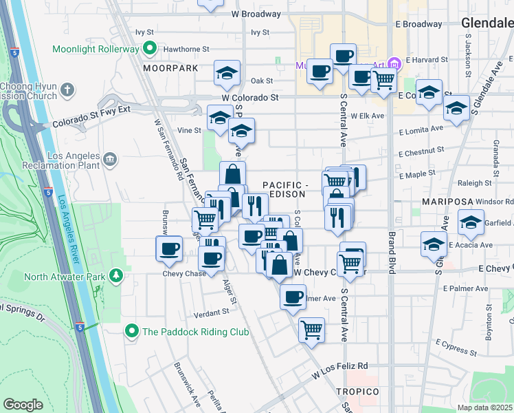 map of restaurants, bars, coffee shops, grocery stores, and more near 453 West Windsor Road in Glendale