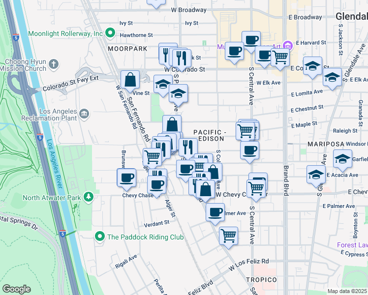 map of restaurants, bars, coffee shops, grocery stores, and more near 4647 San Fernando Road in Glendale