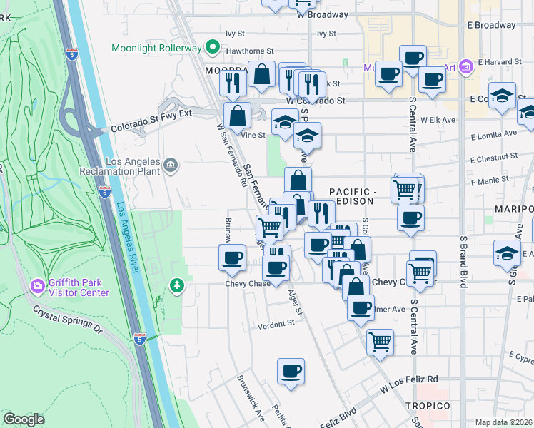 map of restaurants, bars, coffee shops, grocery stores, and more near 4667 San Fernando Road in Glendale
