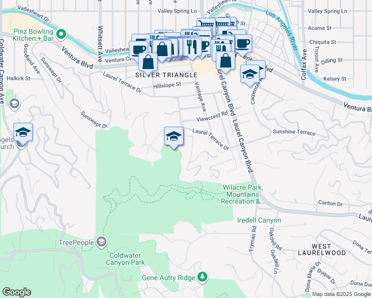 map of restaurants, bars, coffee shops, grocery stores, and more near 3627 Woodhill Canyon Road in Los Angeles