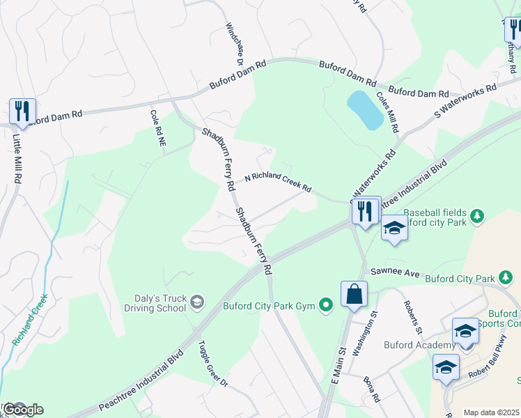 map of restaurants, bars, coffee shops, grocery stores, and more near 2438 Shadburn Ferry Drive in Buford