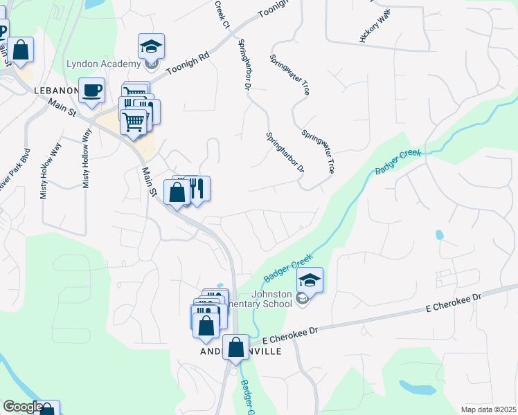 map of restaurants, bars, coffee shops, grocery stores, and more near 127 Stoney Creek Parkway in Woodstock