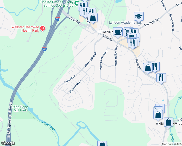 map of restaurants, bars, coffee shops, grocery stores, and more near 540 Ridge View Crossing in Woodstock