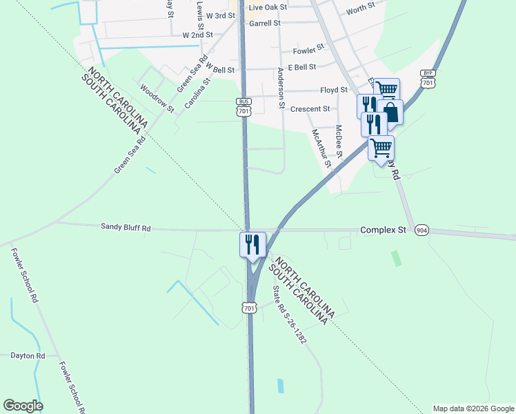 map of restaurants, bars, coffee shops, grocery stores, and more near 911 Hickman Road in Tabor City