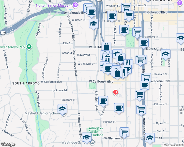 map of restaurants, bars, coffee shops, grocery stores, and more near 252 Palmetto Drive in Pasadena