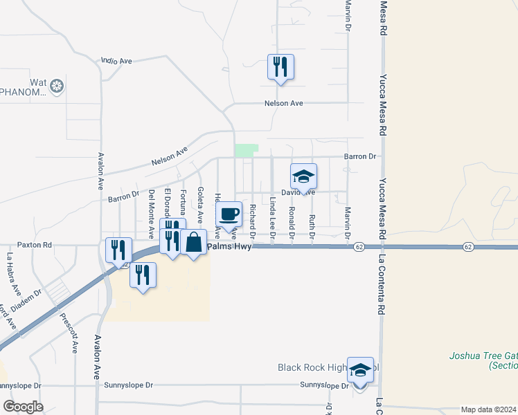 map of restaurants, bars, coffee shops, grocery stores, and more near 6393 Richard Drive in Yucca Valley