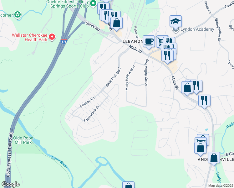 map of restaurants, bars, coffee shops, grocery stores, and more near 555 Ridge View Crossing in Woodstock