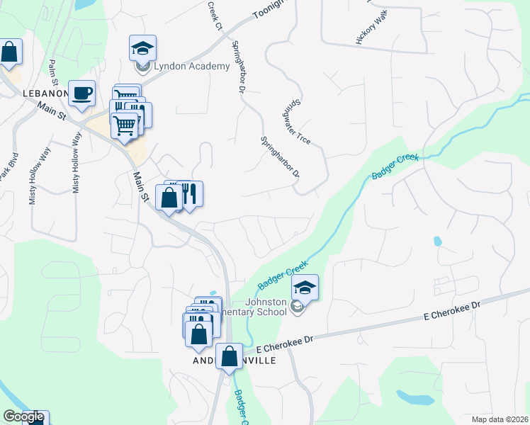 map of restaurants, bars, coffee shops, grocery stores, and more near 135 Stoney Creek Parkway in Woodstock
