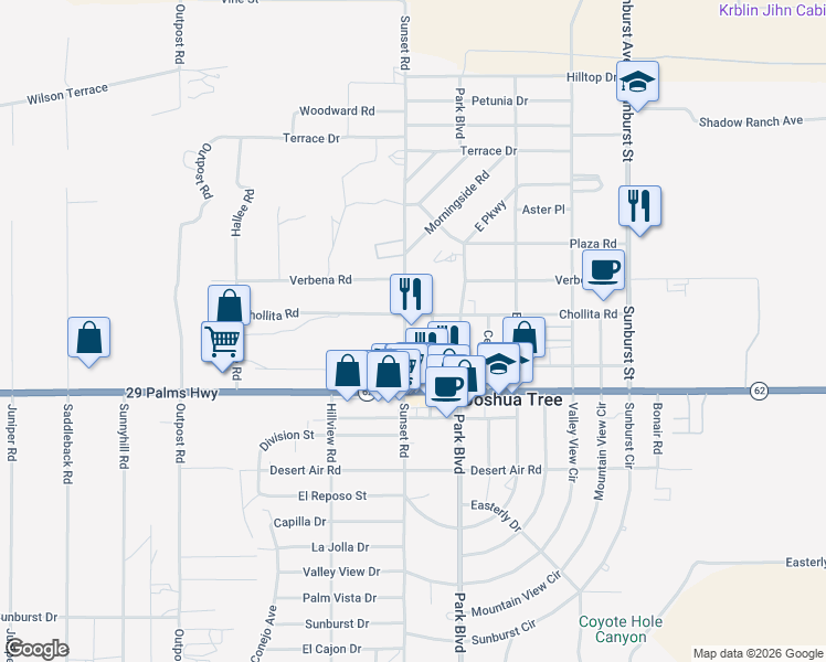 map of restaurants, bars, coffee shops, grocery stores, and more near 6393 Sunset Road in Joshua Tree