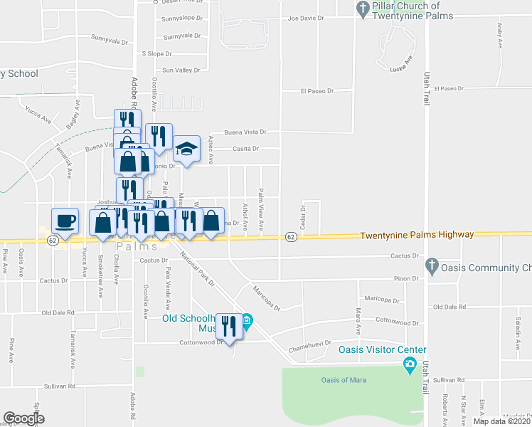 map of restaurants, bars, coffee shops, grocery stores, and more near 6445 Palm View Avenue in Twentynine Palms