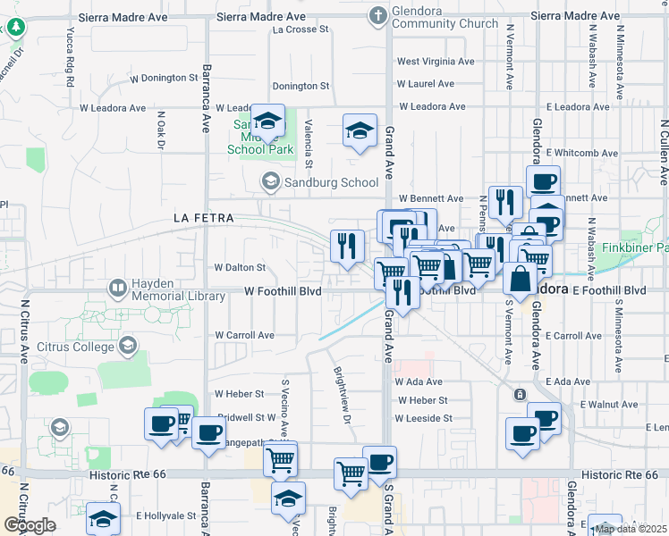 map of restaurants, bars, coffee shops, grocery stores, and more near 555 West Foothill Boulevard in Glendora