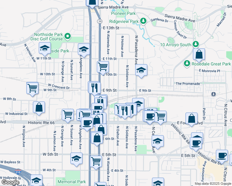 map of restaurants, bars, coffee shops, grocery stores, and more near 813 North Dalton Avenue in Azusa