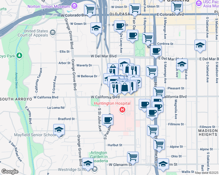 map of restaurants, bars, coffee shops, grocery stores, and more near 522 South Pasadena Avenue in Pasadena