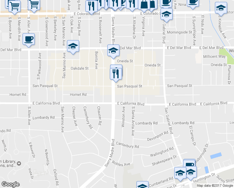 map of restaurants, bars, coffee shops, grocery stores, and more near 542 South Sierra Madre Boulevard in Pasadena