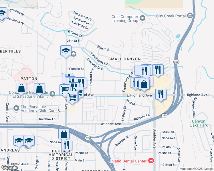 map of restaurants, bars, coffee shops, grocery stores, and more near 2266 Denair Avenue in Highland