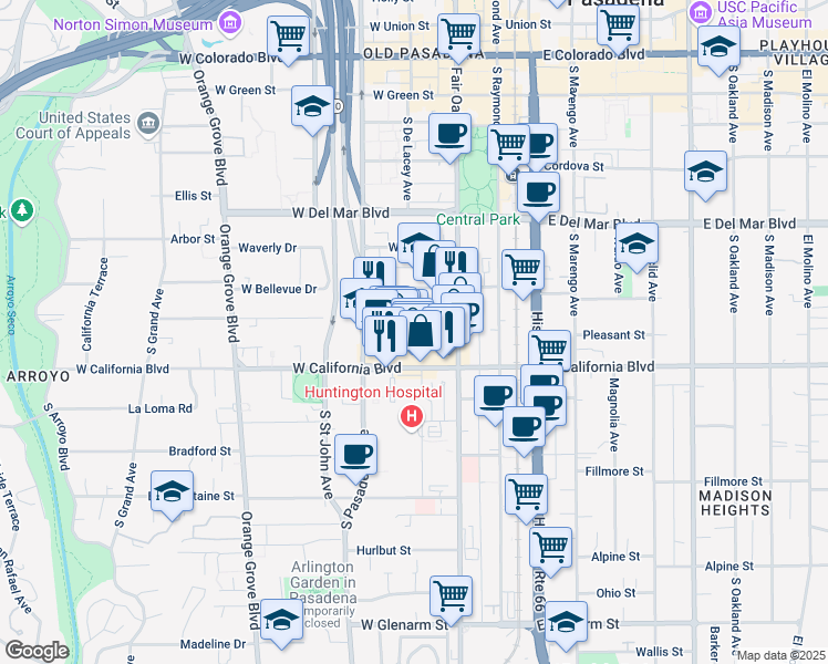 map of restaurants, bars, coffee shops, grocery stores, and more near 76 Palmetto Drive in Pasadena